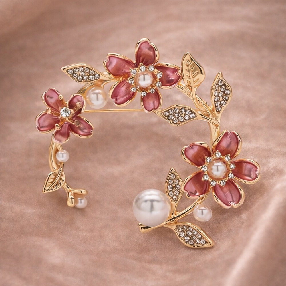 Elegant Floral Gold Pink Pearl Brooch